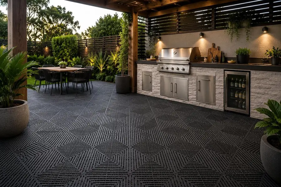 Outdoor BBQ kitchen and entertaining area with modular flooring